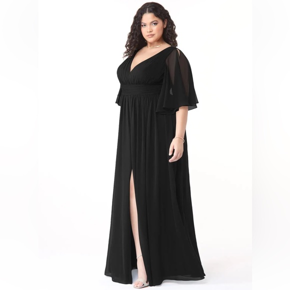 NWT Azazie Tameka Black Full Length Formal Front Slit Sleeves Chiffon Dress - Picture 3 of 5
